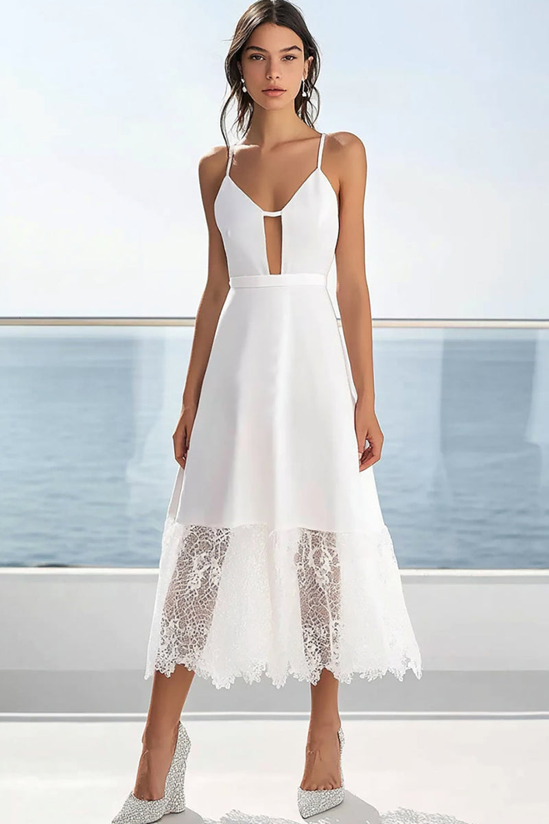 Load image into Gallery viewer, White Satin A Line Midi Graduation Dress with Lace
