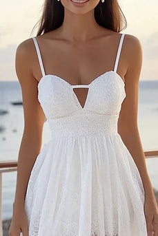 White A Line Lace Spaghetti Straps Midi Graduation Dress with Keyhole
