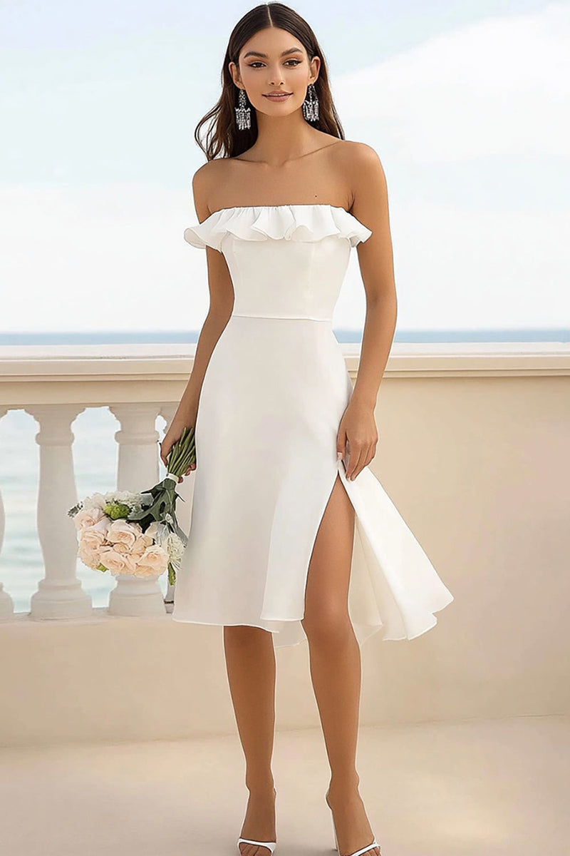 Queendancer Women White Satin Short Graduation Dress with Slit Bodycon Strapless Little White Dress with Ruffles queendanceruk Queendancer Women White Satin Short Graduation Dress with Slit Bodycon Strapless Little White Dress with Ruffles queendanceruk