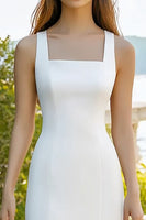 Load image into Gallery viewer, White Satin Sheath Square Neck Midi Graduation Dress