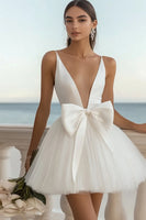 Load image into Gallery viewer, Women White Short Graduation Dress with Bow Tulle Deep V Neck A-Line Little White Dress