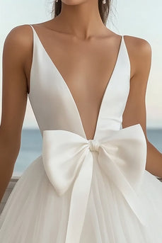 White Tulle Deep V Neck Short A-Line Graduation Dress with Bow