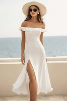 Load image into Gallery viewer, White Sheath Chiffon Midi Graduation Dress with Slit