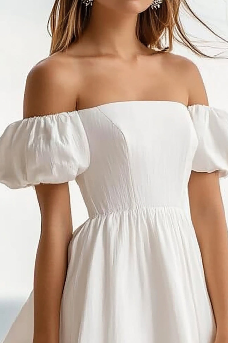 Load image into Gallery viewer, White Puff Sleeves A Line Short Graduation Dress