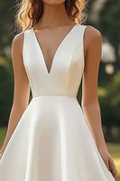 Load image into Gallery viewer, White Satin V Neck A Line Midi Graduation Dress