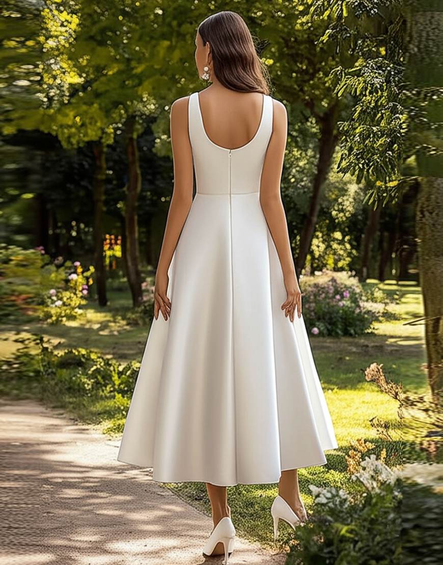 Load image into Gallery viewer, White Satin Scoop Neck A Line Midi Graduation Dress