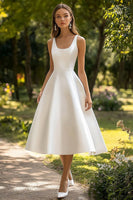 Load image into Gallery viewer, White Satin Scoop Neck A Line Midi Graduation Dress