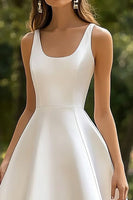 Load image into Gallery viewer, White Satin Scoop Neck A Line Midi Graduation Dress