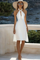 Load image into Gallery viewer, White Bodycon Satin Halter Midi Graduation Dress
