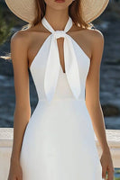 Load image into Gallery viewer, White Bodycon Satin Halter Midi Graduation Dress