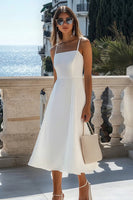 Load image into Gallery viewer, Women White Satin Midi Holiday Dress A Line Spaghetti Straps Engagement Dress