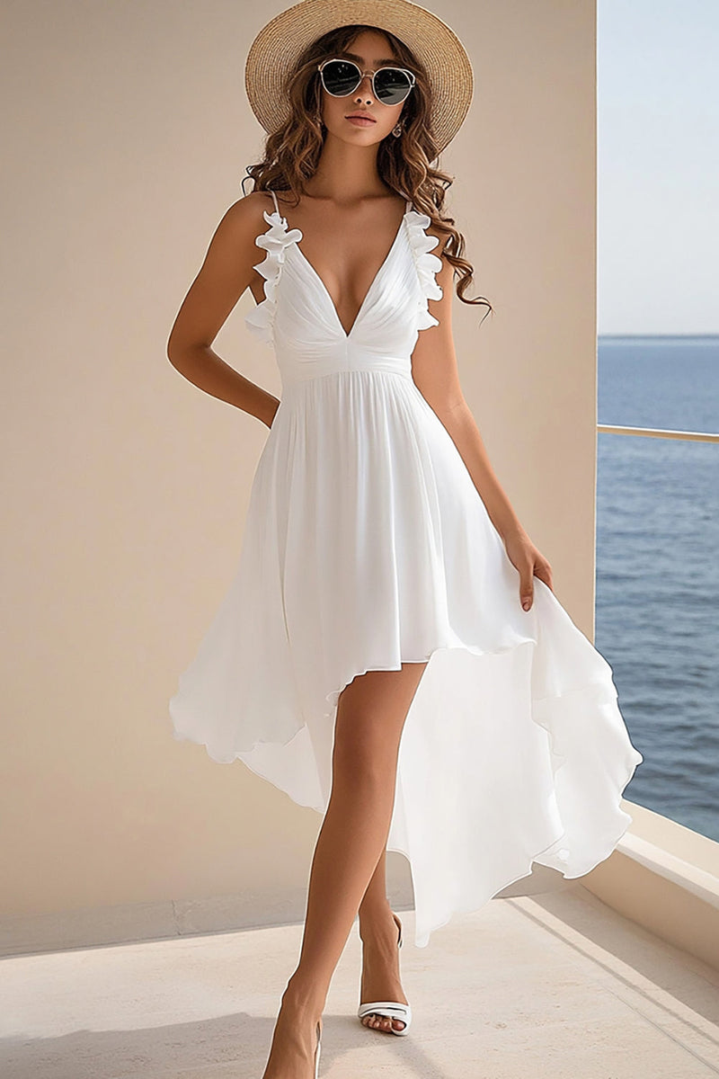 Load image into Gallery viewer, Women White Chiffon High Low Graduation Dress with Ruffles A Line Spaghetti Straps Boho Summer Dress