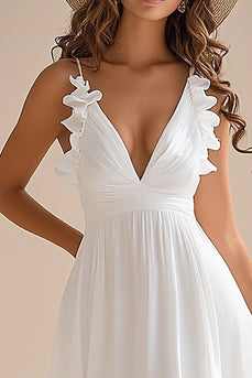 White Chiffon A Line High Low Graduation Dress with Ruffles