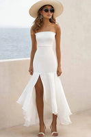 Load image into Gallery viewer, White Sheath Satin Ruffled Long Engagement Dress with Slit
