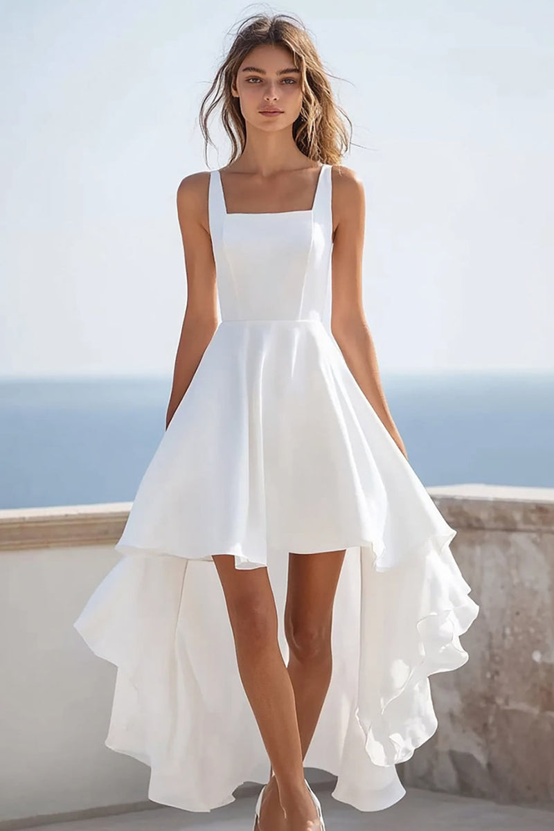 Load image into Gallery viewer, White Satin Square Neck High Low Graduation Dress with Ruffles