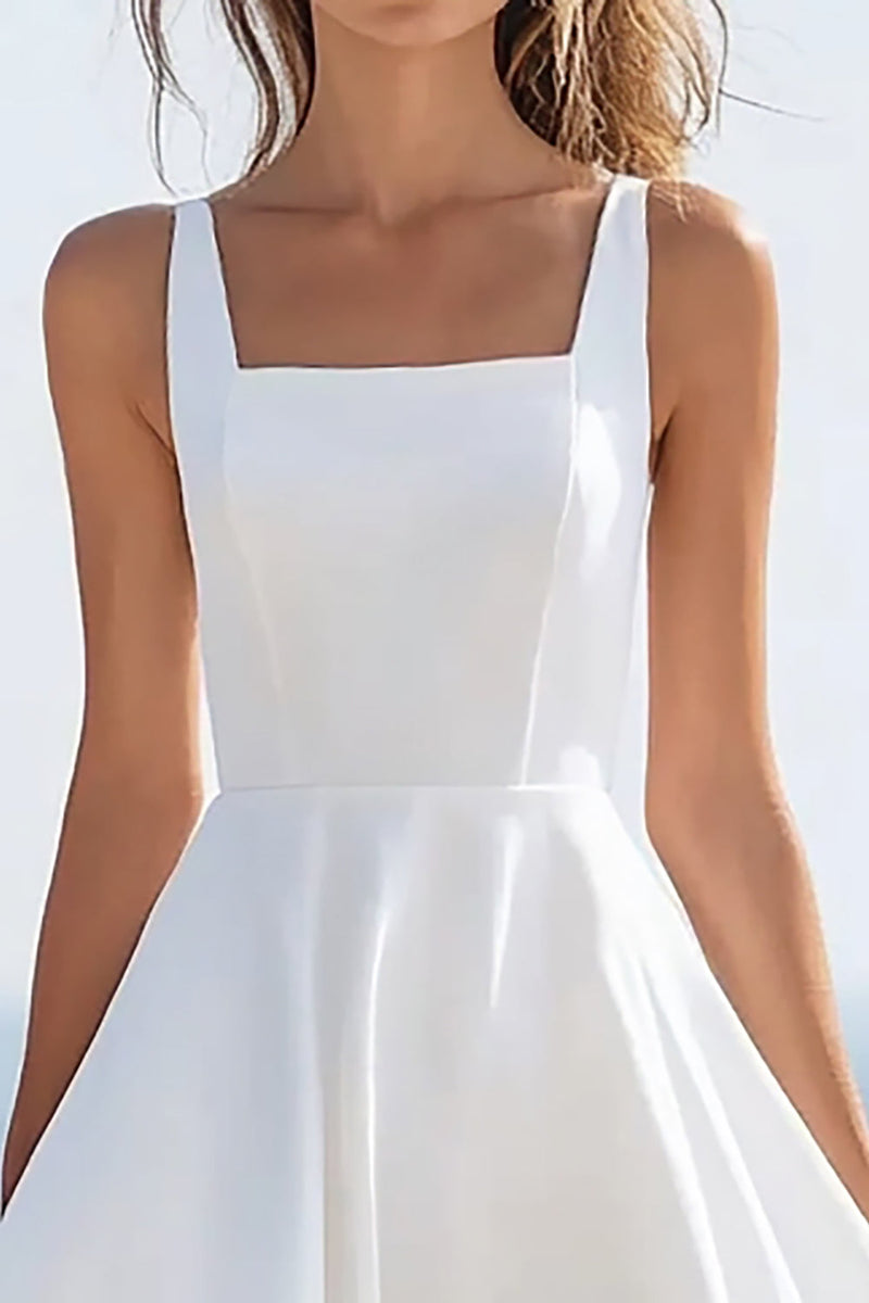 Load image into Gallery viewer, White Satin Square Neck High Low Graduation Dress with Ruffles