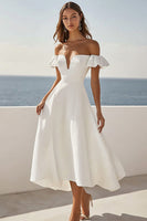 Load image into Gallery viewer, White Satin A Line Short Sleeves Long Engagement Dress