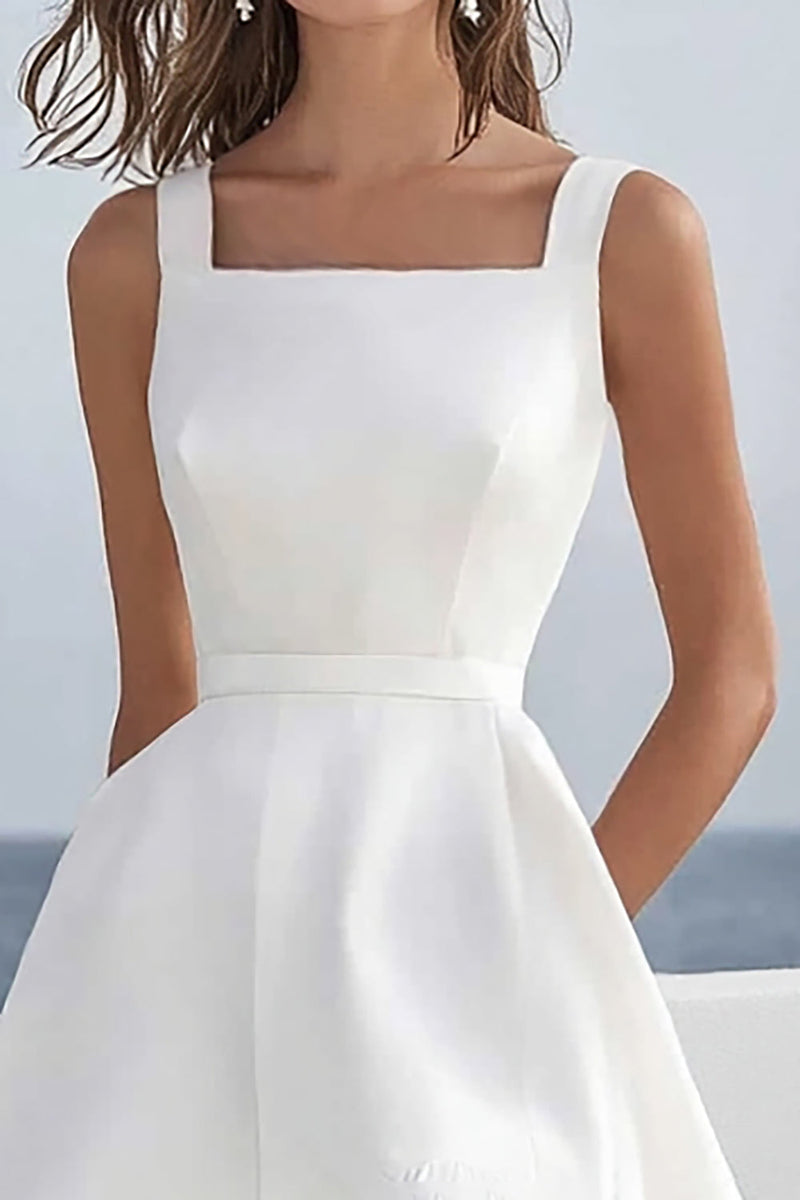 Load image into Gallery viewer, White Satin A Line Square Neck Short Wedding Dress with Ruffles