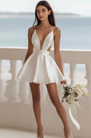 Load image into Gallery viewer, White Satin A-Line Cut Out Short Graduation Dress