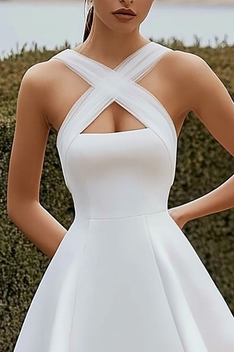 Load image into Gallery viewer, White Satin A Line Crossed Straps Short Wedding Dress