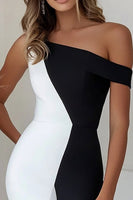 Load image into Gallery viewer, Black White Mermaid Asymmetrical Neck Ruffled Maxi Cocktail Dress