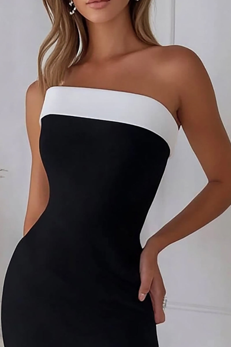 Load image into Gallery viewer, Black White Sheath Strapless Asymmetrical Satin Cocktail Dress with Ruffles