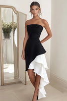 Load image into Gallery viewer, Women Black White Sheath Satin Short Cocktail Dress with Ruffles Strapless Sleeveless Formal Dress