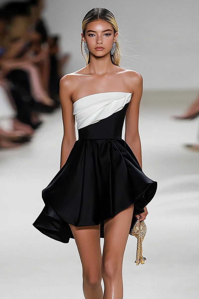 Load image into Gallery viewer, Black White A Line Strapless Satin Short Graduation Dress with Ruffles