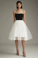 Load image into Gallery viewer, Black White A Line Tulle Spaghetti Straps Midi Graduation Dress
