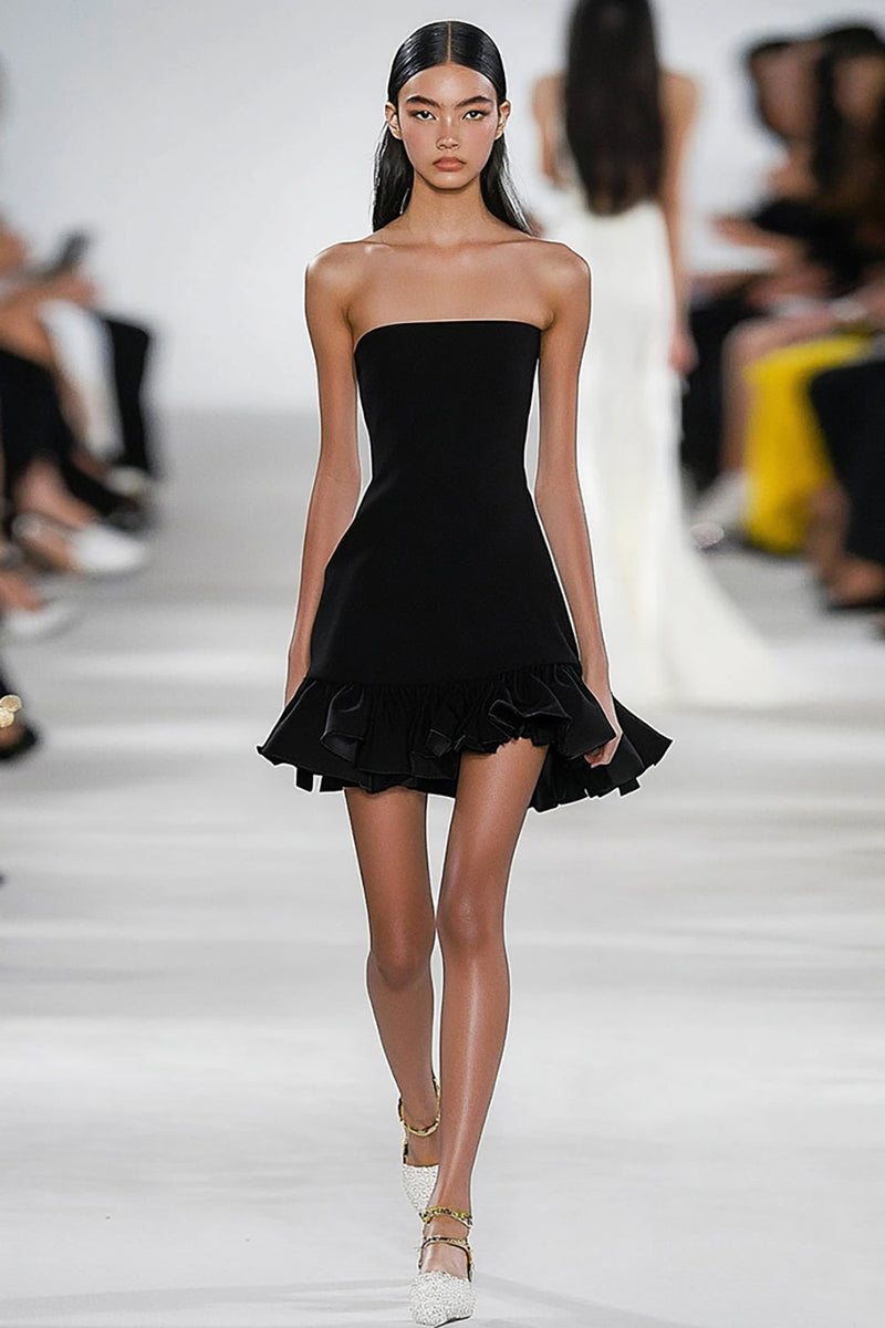 Load image into Gallery viewer, Black A Line Strapless Satin Short Graduation Dress with Ruffles