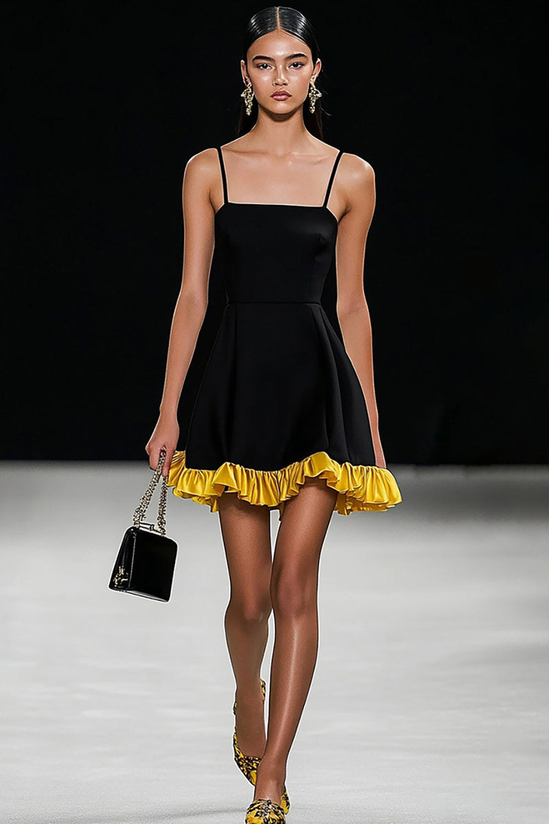 Load image into Gallery viewer, Black A Line Spaghetti Straps Satin Short Graudation Dress with Ruffles