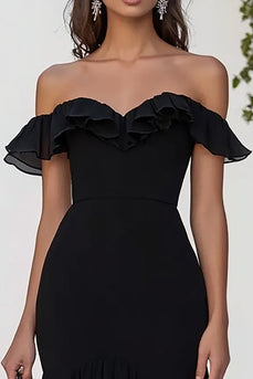 Black Chiffon Mermaid Off the Shoulder Maxi Formal Dress with Slit
