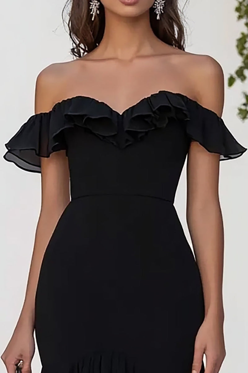 Load image into Gallery viewer, Black Chiffon Mermaid Off the Shoulder Maxi Formal Dress with Slit