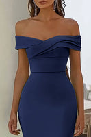 Load image into Gallery viewer, Navy Off the Shoulder Satin Ruched Mermaid Maxi Formal Dress