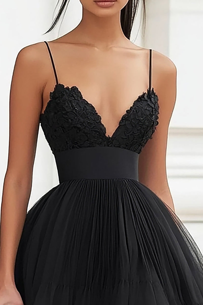 Load image into Gallery viewer, Black Tulle Tiered High-Low A Line Graduation Dress