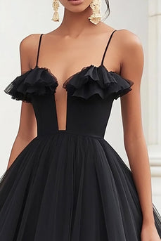 Black A Line Tulle Mini Graduation Dress with Ruffles