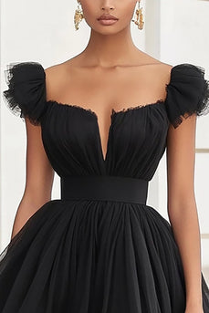 Black A Line Tulle Mini Graduation Dress with Ruffles