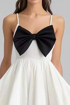 White and Black High-Low Graduation Dress with Bow