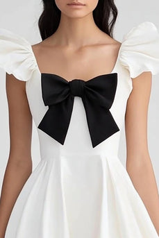 White and Black Ruffled Satin Asymmetrical Graduation Dress with Bow