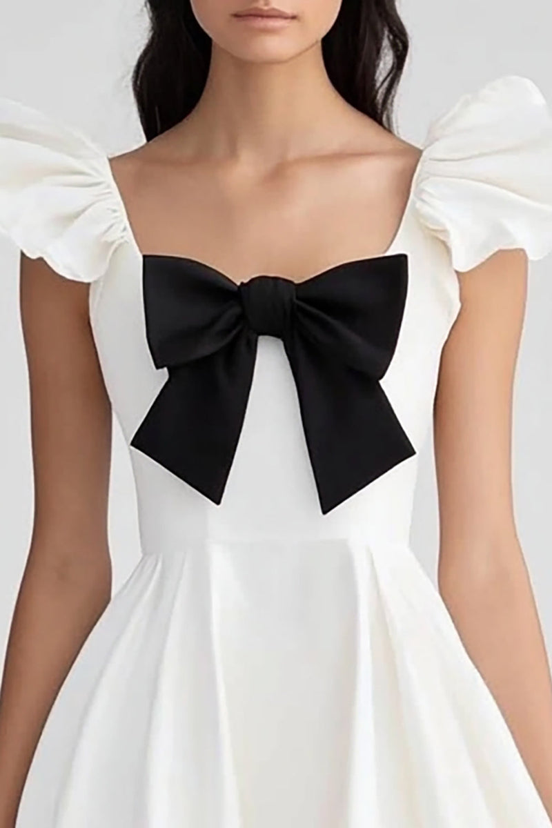 Load image into Gallery viewer, White and Black Ruffled Satin Asymmetrical Graduation Dress with Bow