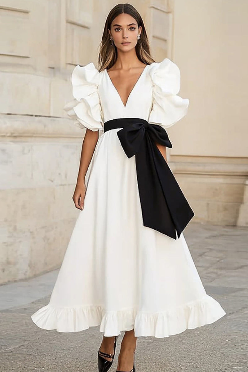 Queendancer Women White and Black Satin A Line Maxi Formal Dress with  Ruffles Puff Sleeves V-Neck Prom Dress with Bow – queendanceruk