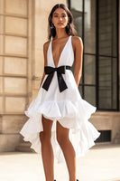 Load image into Gallery viewer, White and Black V-Neck High-Low Graduation Dress with Ruffles