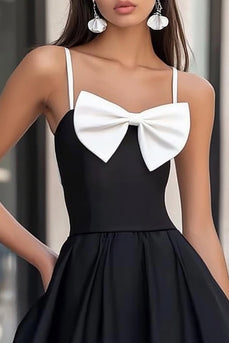 White and Black Satin Mini Graduation Dress with Bow