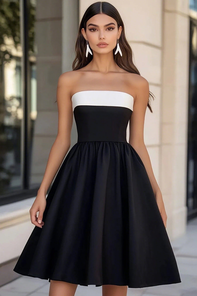 Load image into Gallery viewer, White and Black Strapless A Line Mini Graduation Dress