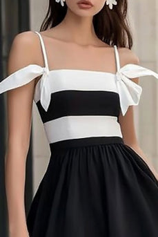 White and Black Satin Spaghetti Straps Mini Graduation Dress with Ruffles