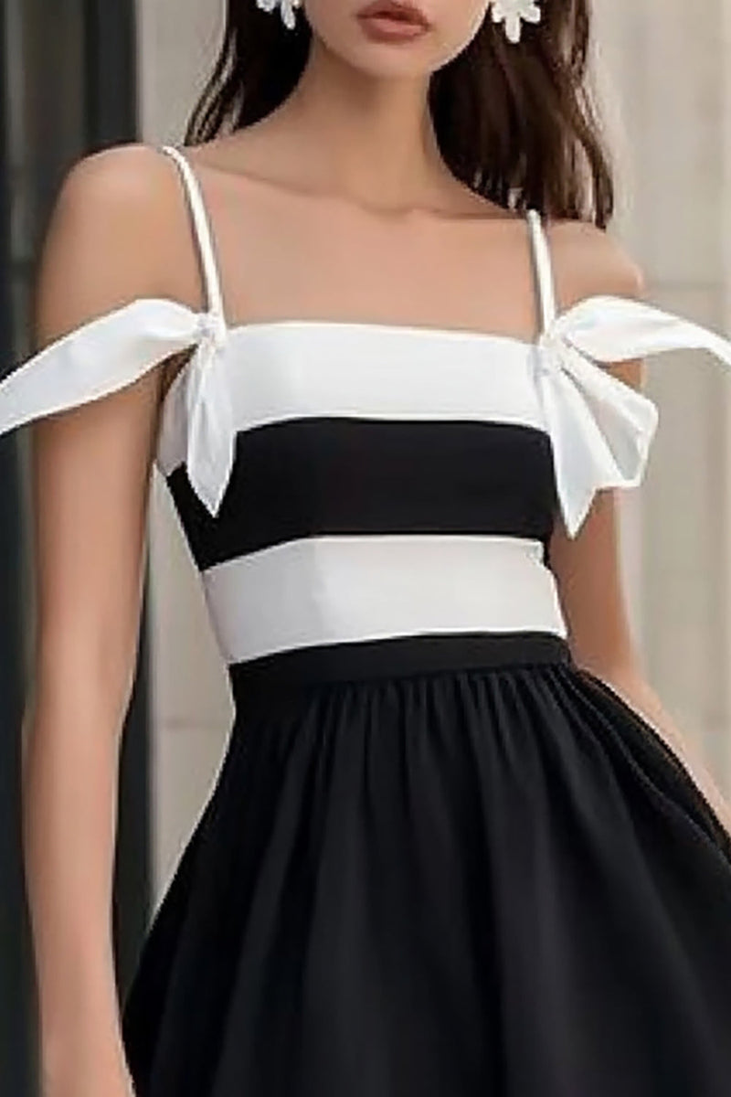 Load image into Gallery viewer, White and Black Satin Spaghetti Straps Mini Graduation Dress with Ruffles