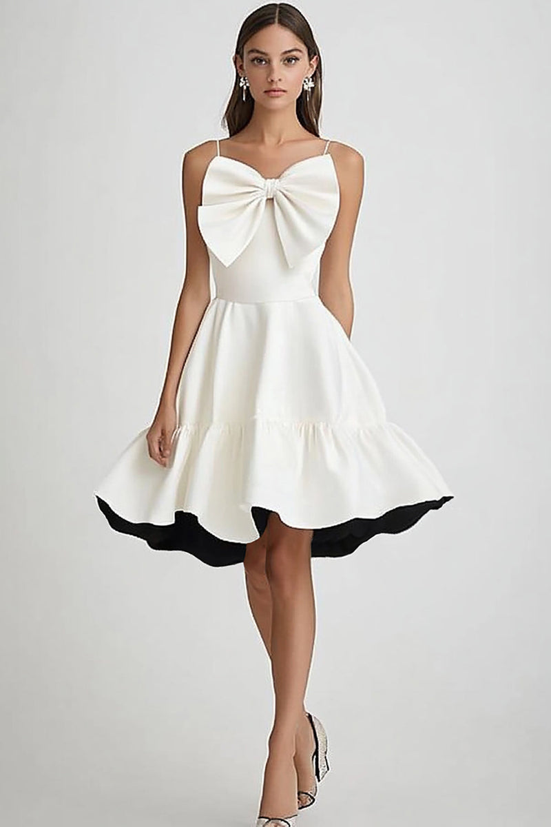 Load image into Gallery viewer, White and Black A Line Ruffled Mini Graduation Dress with Bow