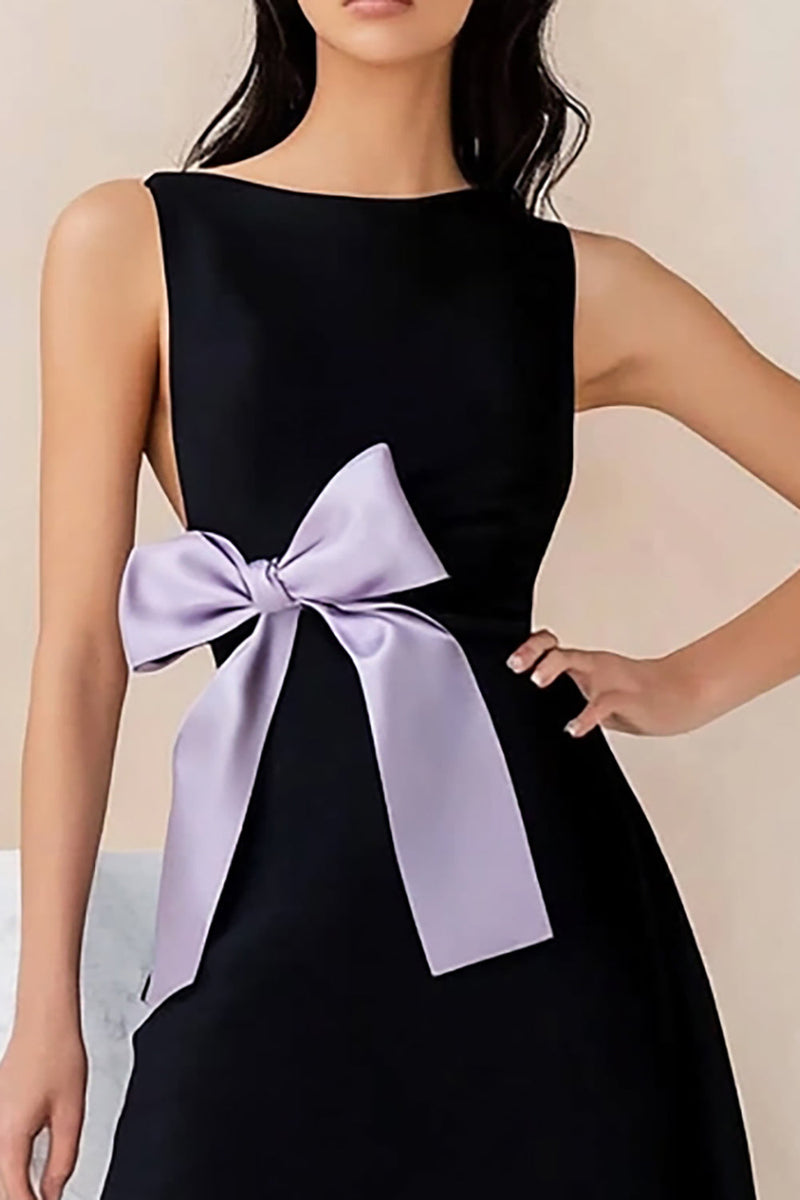 Load image into Gallery viewer, Black Satin A Line Mini Graduation Dress with Bow