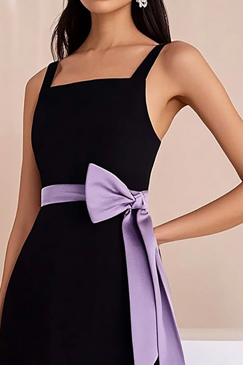 Load image into Gallery viewer, Black Satin Spaghetti Straps High-Low Graduation Dress with Bow