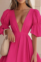 Load image into Gallery viewer, Fuchsia A Line Satin V-Neck Mini Cocktail Dress with Ruffles